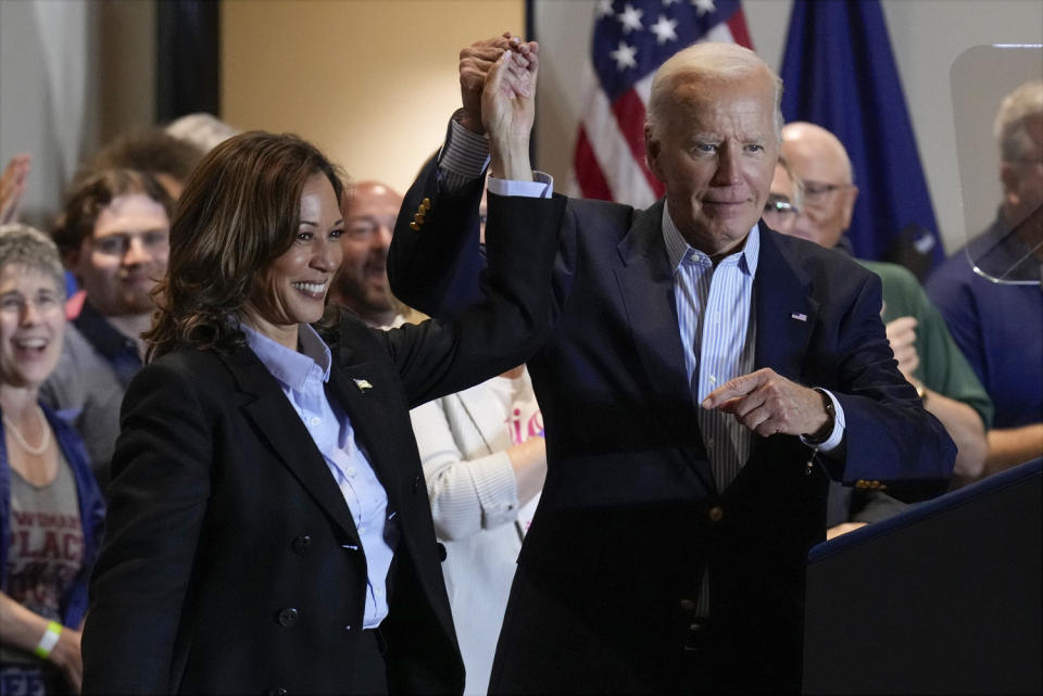 Democratic presidential nominee Vice President Kamala Harris and President Joe Biden at a campaign event at the IBEW Local Union #5 union hall in Pittsburgh. (Jacquelyn Martin / AP)