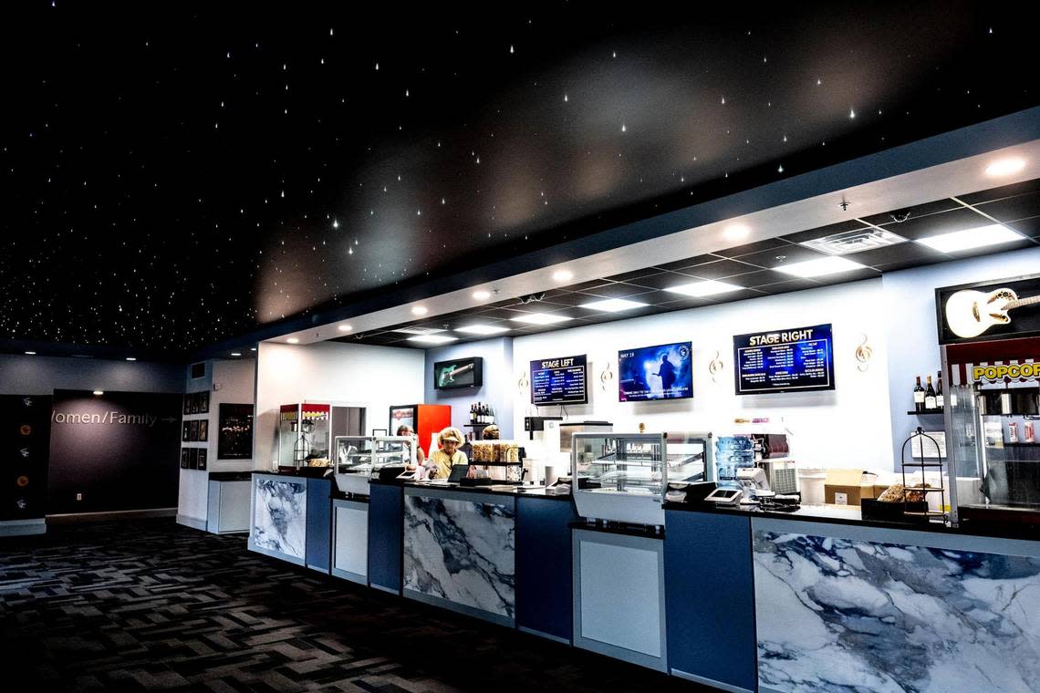 The lobby of the Greg Rowles Theater features tiny glittering lights embedded in the ceiling creating at star effect. The Greg Rowles Legacy Theater, an 800 seat variety show, is set to open on April 1, 2024 on Main Street in North Myrtle Beach, S.C. The show will last more than two hours and feature all live music. March 21, 2024.