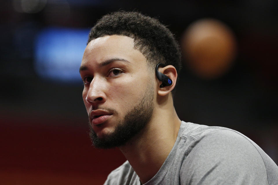 Ben Simmons #25 of the Philadelphia 76ers warms up prior to the game against the Miami Heat at American Airlines Arena on December 28, 2019 in Miami, Florida. NOTE TO USER: User expressly acknowledges and agrees that, by downloading and/or using this photograph, user is consenting to the terms and conditions of the Getty Images License Agreement. (Photo by Michael Reaves/Getty Images)