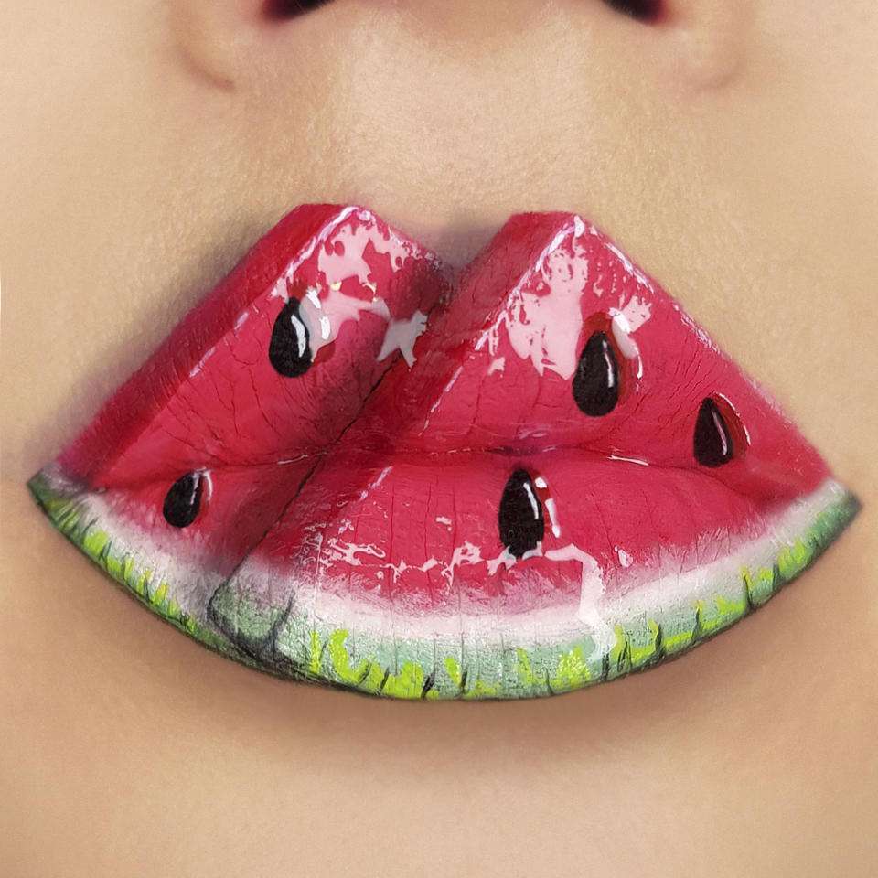 Tutushka's lipstick artwork featuring watermelon. (Photo: Tutushka Matviienko/Caters News)