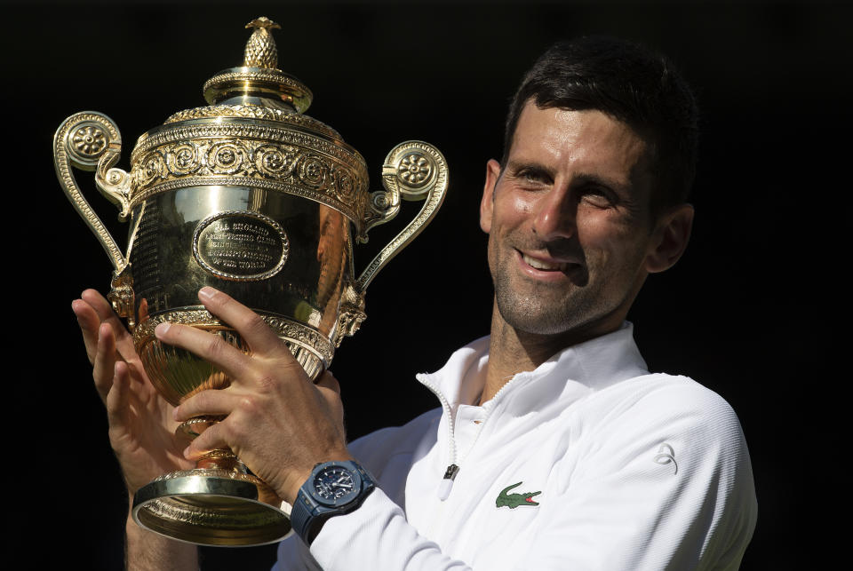 Novak Djokovic (pictured) poses with the Wimbledon trophy.