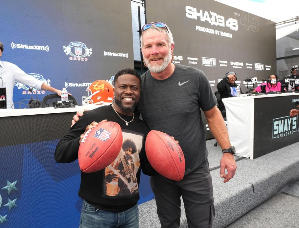 <div class="inline-image__caption"><p>Brett Favre and Kevin Hart attend day 3 of SiriusXM At Super Bowl LVI on February 11, 2022, in Los Angeles, California. </p></div> <div class="inline-image__credit">Kevin Mazur/Getty</div>