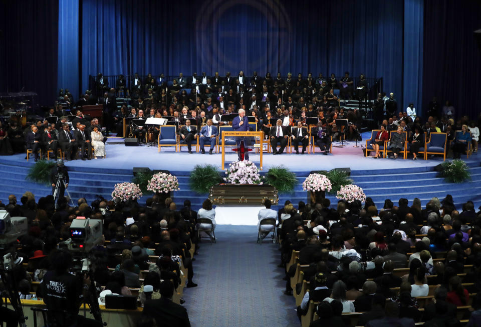 Former President Bill Clinton speaks during the funeral service for Franklin at Greater Grace Temple, Friday, Aug. 31, 2018, in Detroit. Franklin died Aug. 16, 2018 of pancreatic cancer at the age of 76. (AP Photo/Paul Sancya)