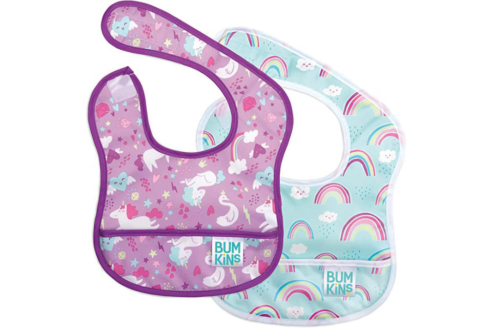 Bumkins Starter Bib, Baby Bib Infant, Waterproof Fabric, Fits Infants and Babies 3-9 Months – Unicorns & Rainbows (2-Pack). (Photo: Amazon SG)