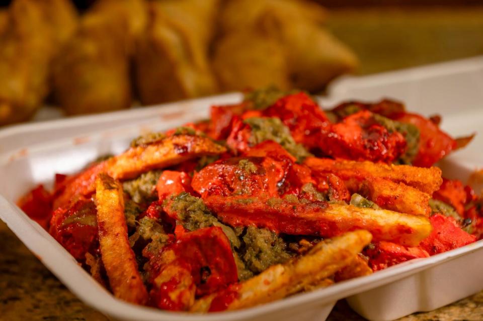 Chicken tikka masala fries offered at Cali Tardka home restaurant in Riverside.