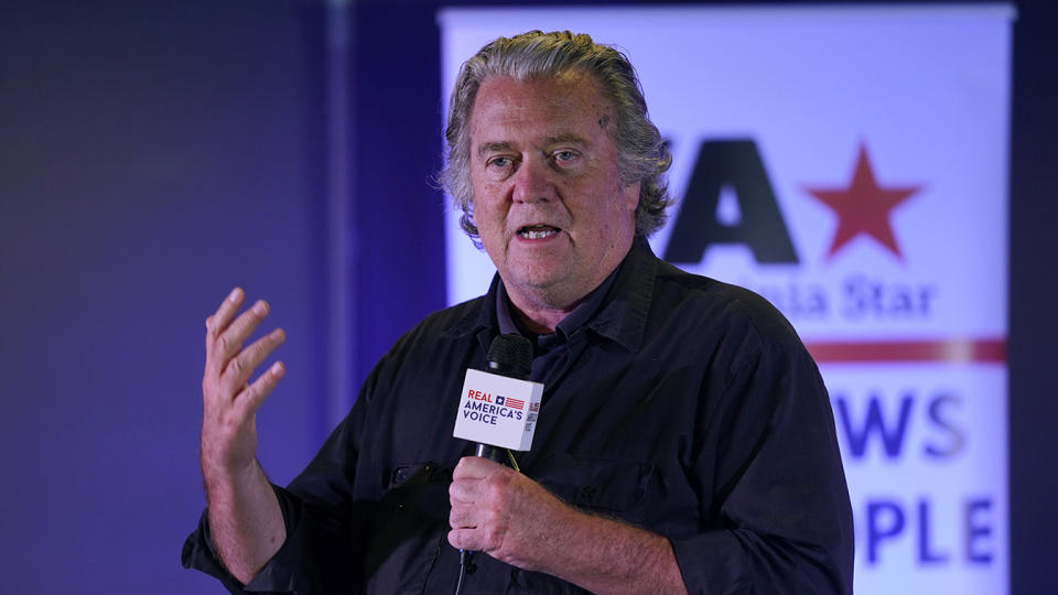 Political strategist Steve Bannon gestures during a speech during an election rally in Richmond, Va., Wednesday, Oct. 13, 2021. (Steve Helber/AP)