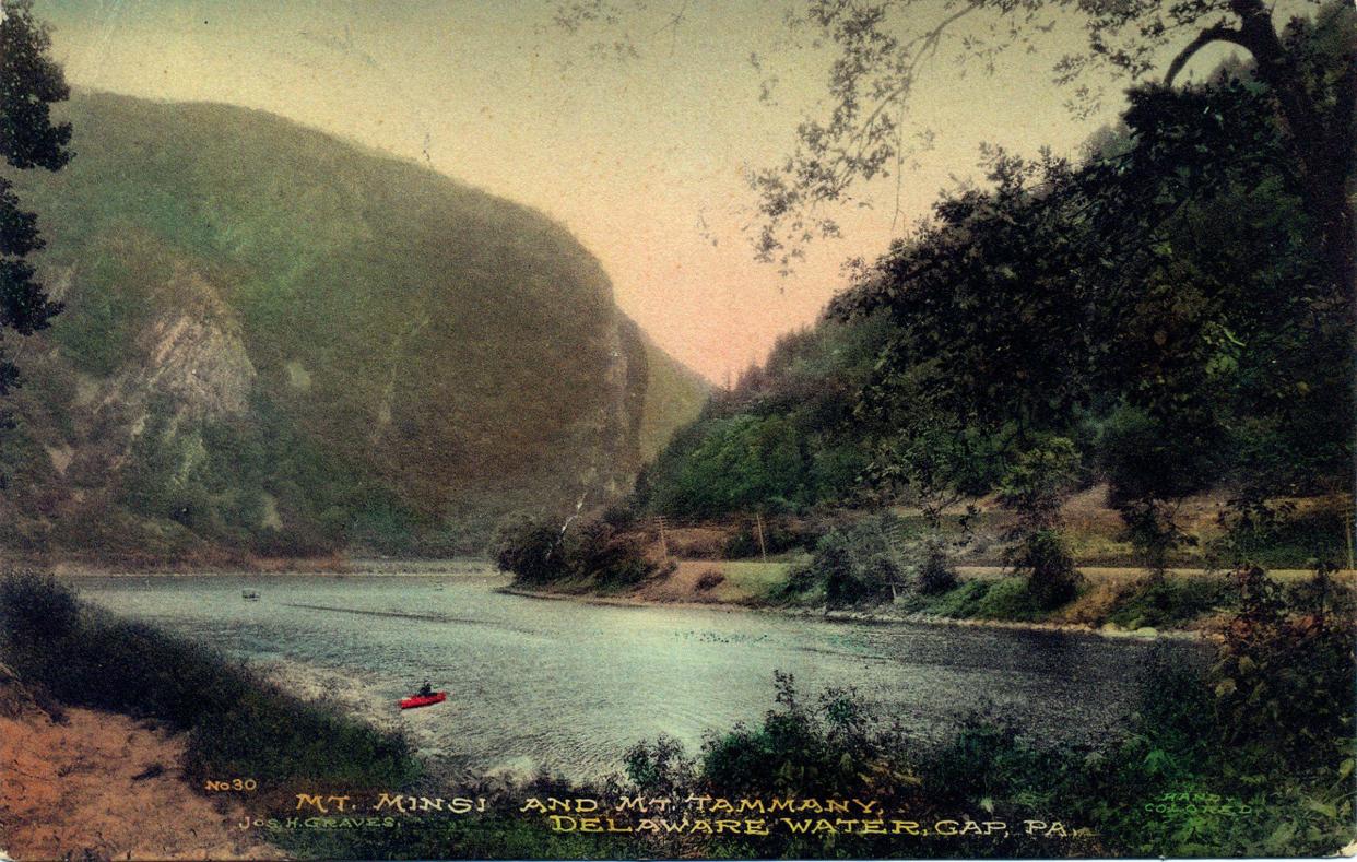 Mount Minsi and Mount Tammany in the Delaware Water Gap are shown on the front of this early 1900s postcard.
