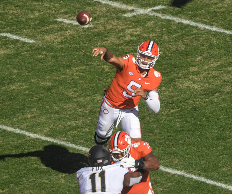 Clemson quarterback D.J. Uiagalelei (5) passes during the first quarter at Memorial Stadium in Clemson, South Carolina Saturday, November 20, 2021.