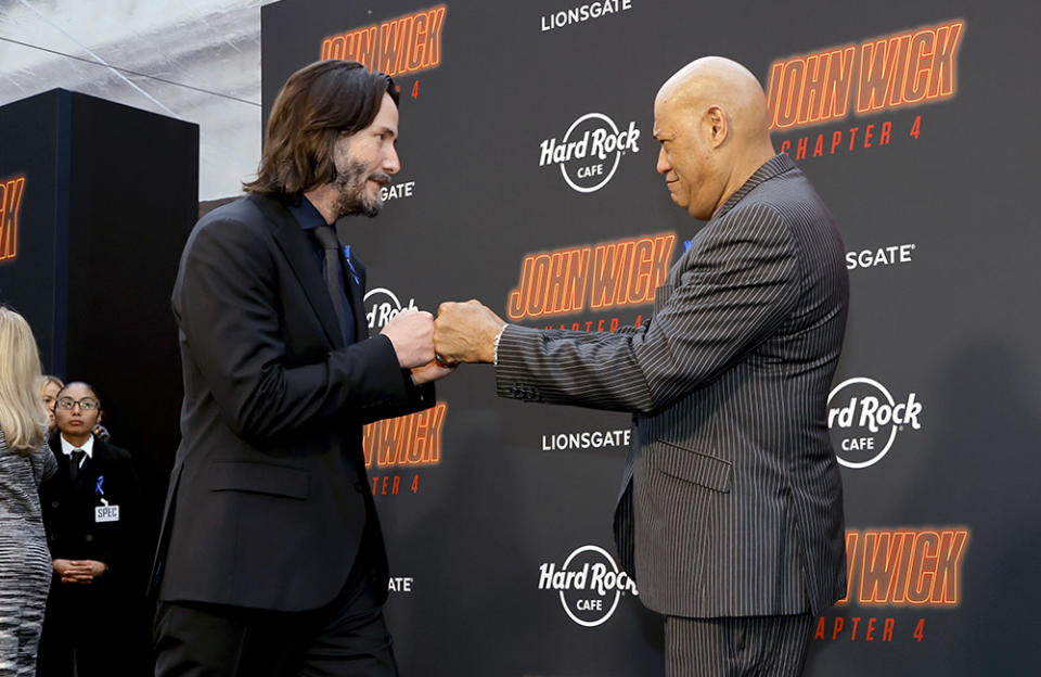 (L-R) Keanu Reeves and Laurence Fishburne attends the Los Angeles Premiere of Lionsgate's "John Wick: Chapter 4" at TCL Chinese Theatre on March 20, 2023 in Hollywood, California.