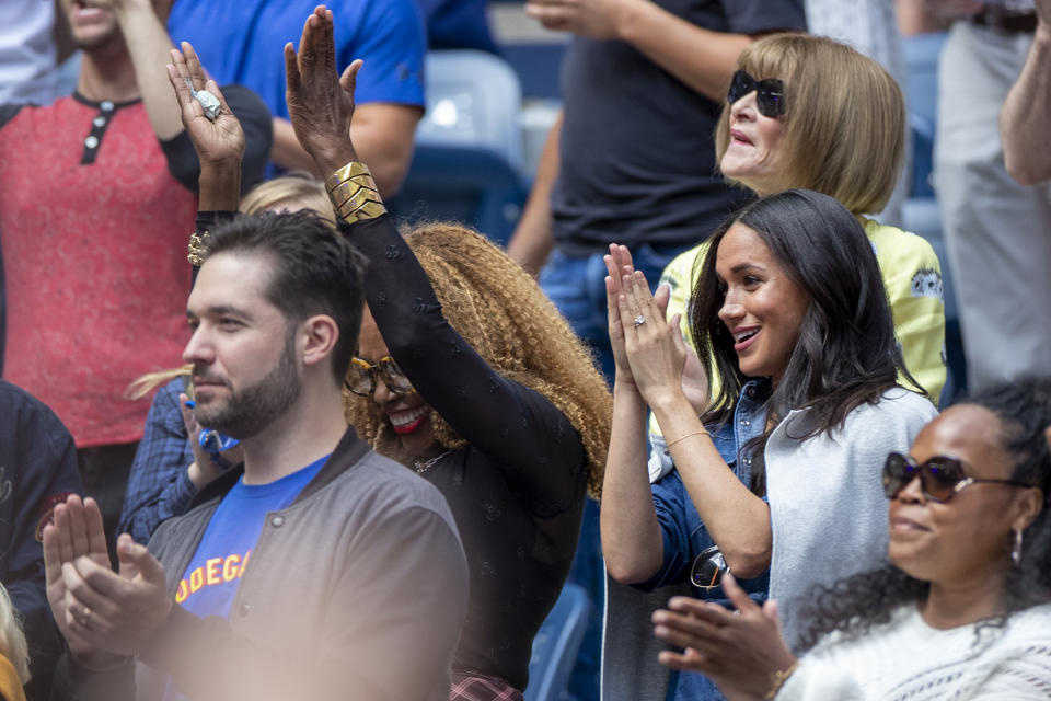 2019 US Open Tennis Tournament- Day Thirteen. Meghan Markle, Duchess of Sussex, Alexis Ohanian, husband of Serena Williams and Oracene Price, mother of Serena Williams react as Adrienne Warren performs 'America the Beautiful' before the Women's Singles Final between Serena Williams of the United States and Bianca Andreescu of Canada on Arthur Ashe Stadium during the 2019 US Open Tennis Tournament at the USTA Billie Jean King National Tennis Center on September 7th, 2019 in Flushing, Queens, New York City. (Photo by Tim Clayton/Corbis via Getty Images)
