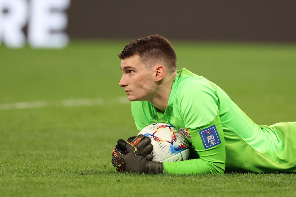 AL RAYYAN, QATAR - DECEMBER 09: Goalkeeper of Croatia Dominik Livakovic of Croatia in action during the FIFA World Cup Qatar 2022 quarter final match between Croatia and Brazil at Education City Stadium on December 9, 2022 in Al Rayyan, Qatar. (Photo by Goran Stanzl/Pixsell/MB Media/Getty Images)