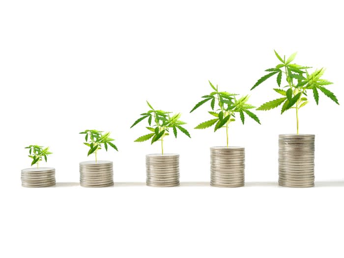 Five ascending stacks of coins with cannabis plants on top of each stack.