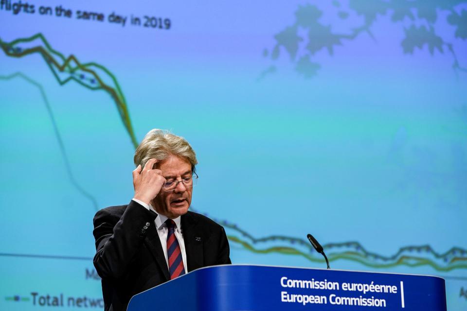 European Commissioner for the Economy Paolo Gentiloni speaks during a media conference on the economy at EU headquarters in Brussels, Wednesday, May 6, 2020. The European Union predicted Wednesday "a recession of historic proportions this year" due to the impact of the coronavirus with a drop in output of more than 7 percent, as it released its first official forecast of the damage the pandemic is inflicting on the bloc's economy. (Kenzo Tribouillard, Pool Photo via AP)