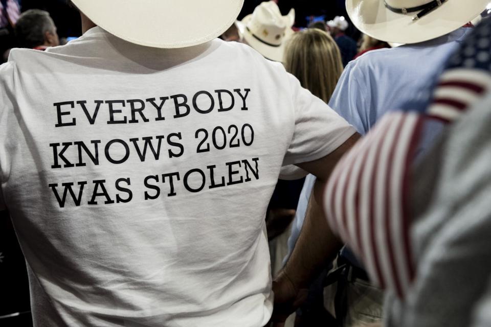 A photograph of a tshirt that says everybody knows 2020 was stolen worn at the republication national convention 