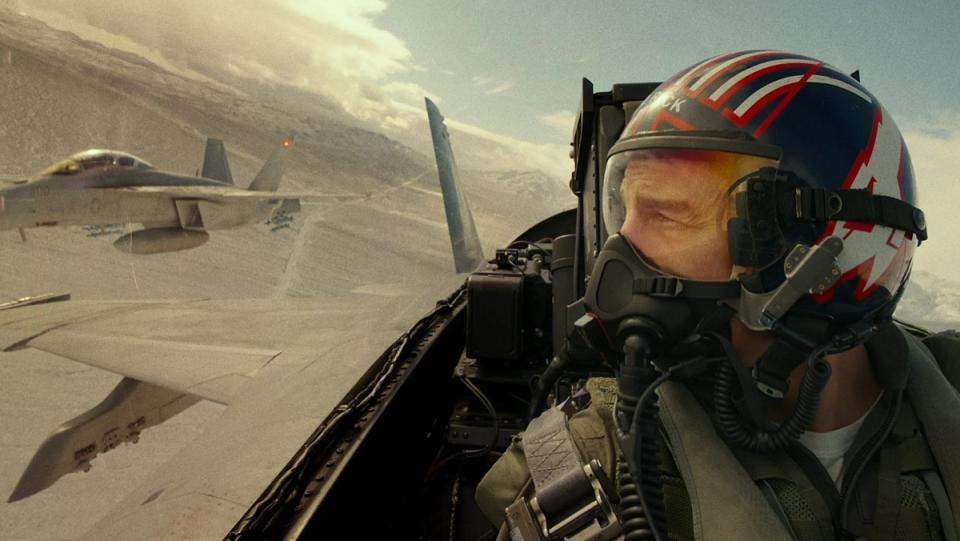 Tom Cruise in flight in Top Gun: Maverick.