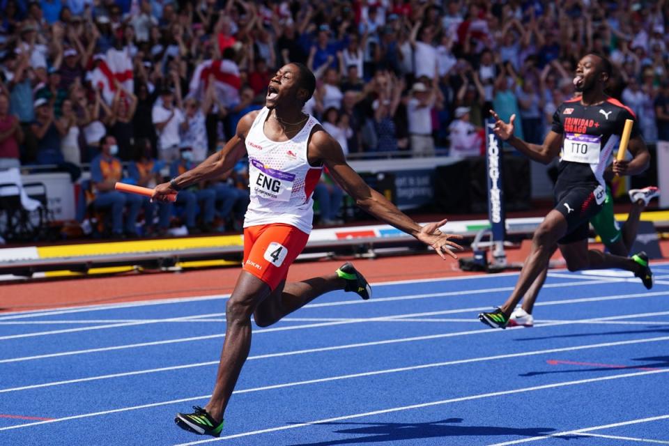 Ojie Edoburun celebrates after anchoring England to victory in the men’s 4x100m relay (Martin Rickett/PA) (PA Wire)