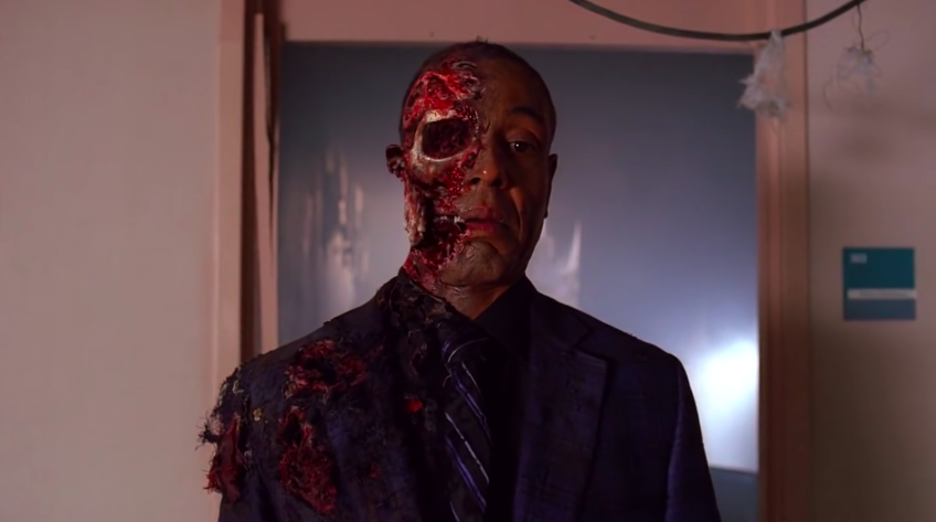 Gus Fring with half of his head blown off in "Breaking Bad"