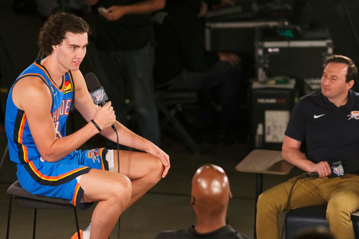 Thunder guard Josh Giddey talks to the team's broadcast team on Monday during NBA Media Day.