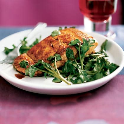 Salmon with Wilted Watercress and Balsamic Drizzle