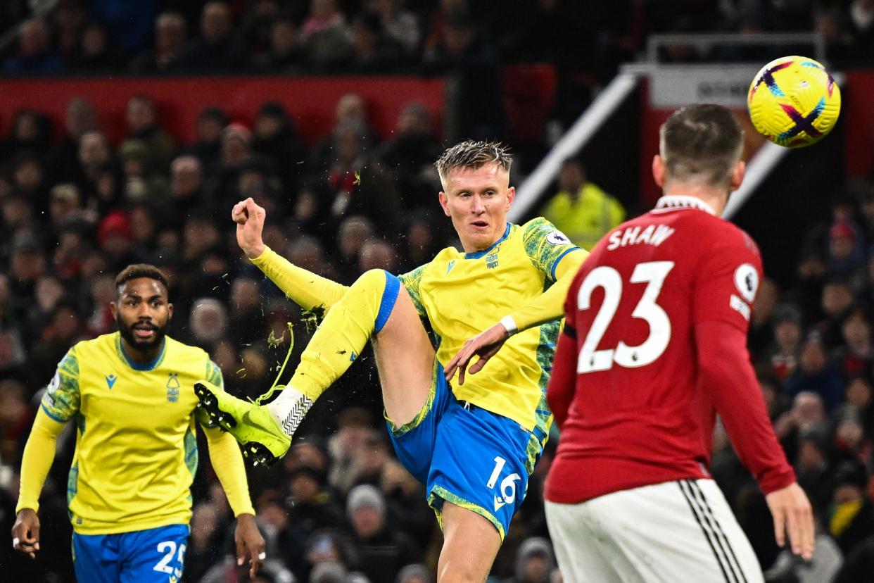 Nottingham Forest's English striker Sam Surridge (C)  during the English Premier League football match between Manchester United and Nottingham Forest at Old Trafford in Manchester, north west England, on December 27, 2022.