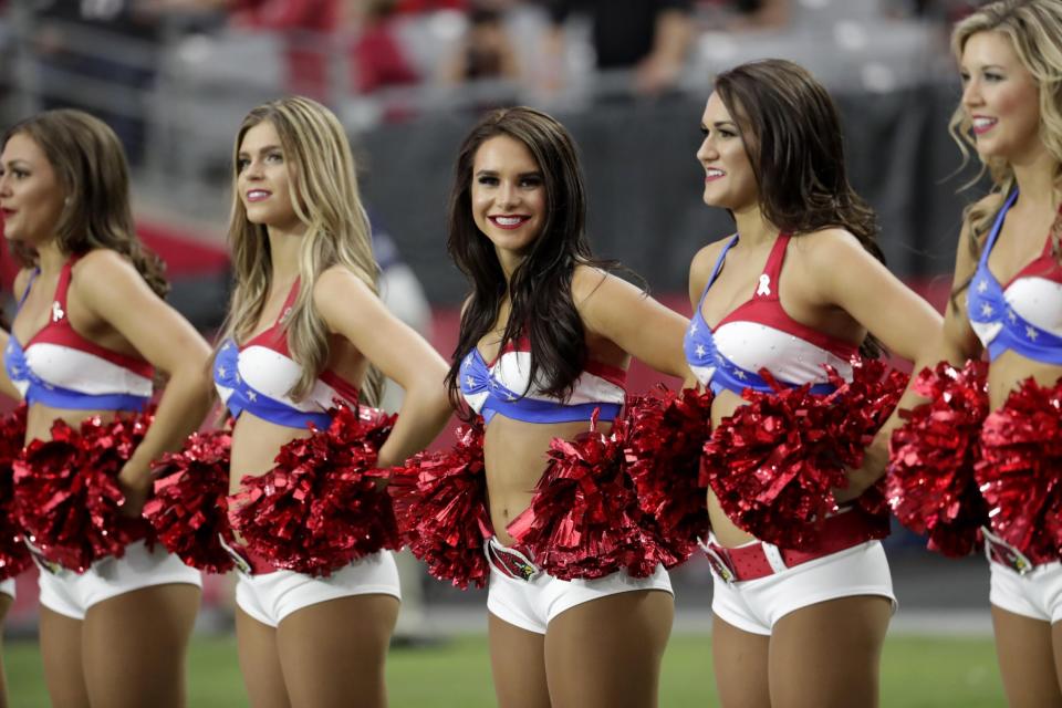 <p>The Arizona Cardinals cheerleaders perform at half time during the second half of an NFL football game against the San Francisco 49ers, Sunday, Nov. 13, 2016, in Glendale, Ariz. (AP Photo/Rick Scuteri) </p>