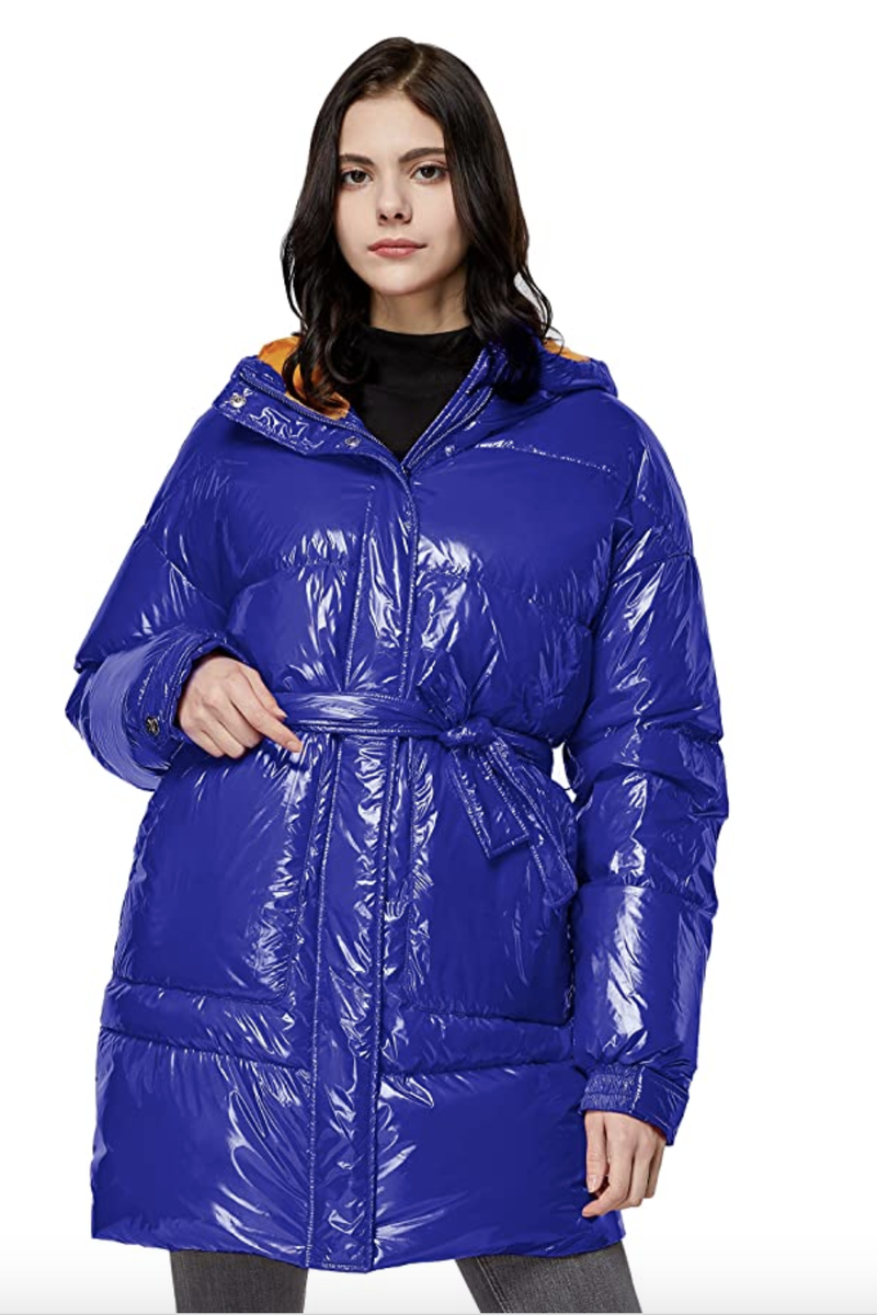  Warm Winter Belted Down Coats with Stand Collar Thick Hood 
