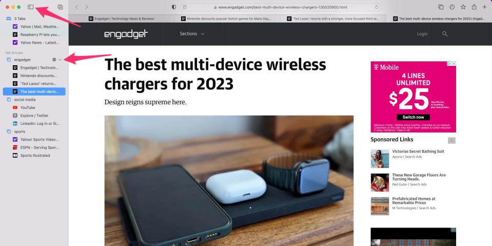 A screenshot depicting how to see tabs and tab groups in a vertical view in Safari's Sidebar panel.