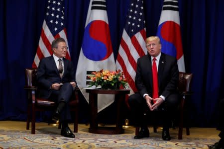 U.S. President Donald Trump holds a bilateral meeting with South Korean President Moon Jae-in on the sidelines of the 73rd United Nations General Assembly in New York, U.S., September 24, 2018. REUTERS/Carlos Barria