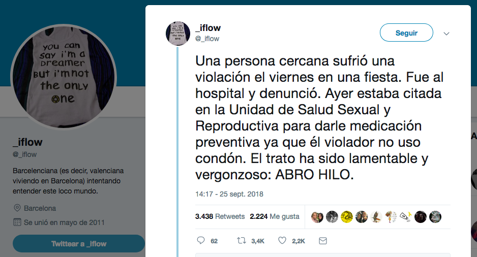 Una tuitera ha denunciado y contado a través de Twitter el trato recibido en comisaría y en la Unidad de Salud Sexual y Reproductiva por una víctima de violación. (Foto: Captura de Twitter/ @_iflow)