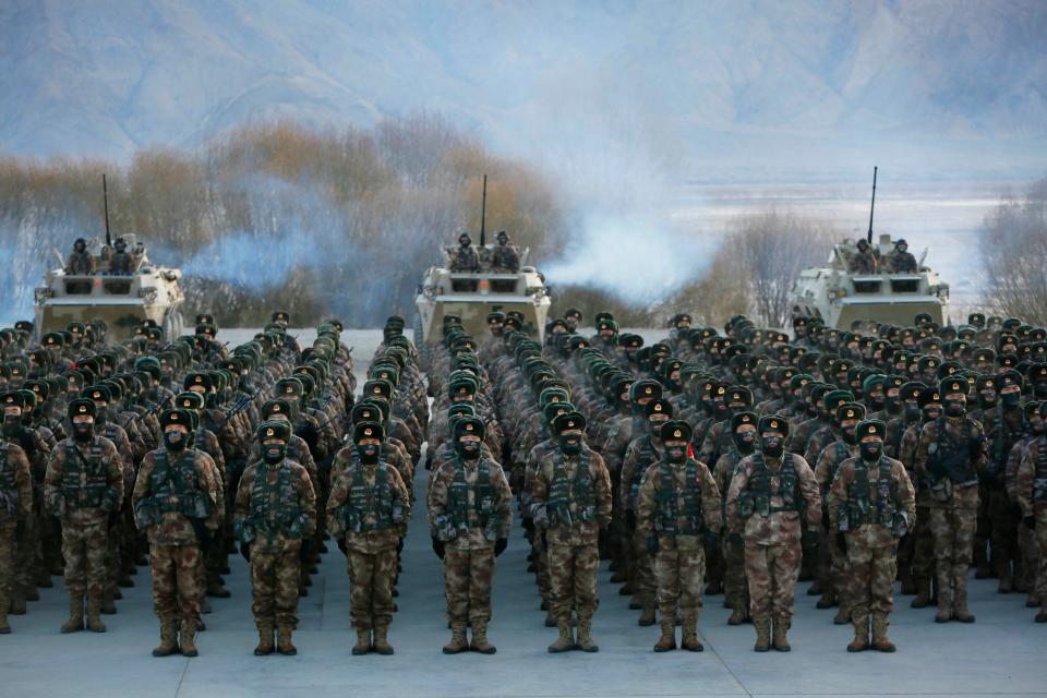This photo taken on January 4, 2021, shows Chinese People's Liberation Army (PLA) soldiers assembling during military training at Pamir Mountains in Kashgar, northwestern China's Xinjiang region.