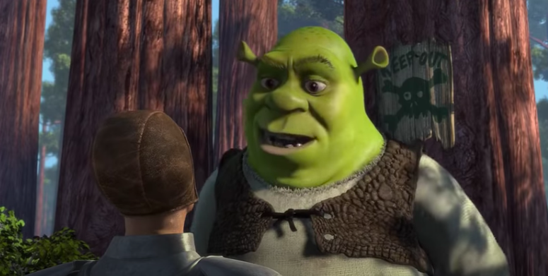 Screen shot of Shrek talking to a solider 