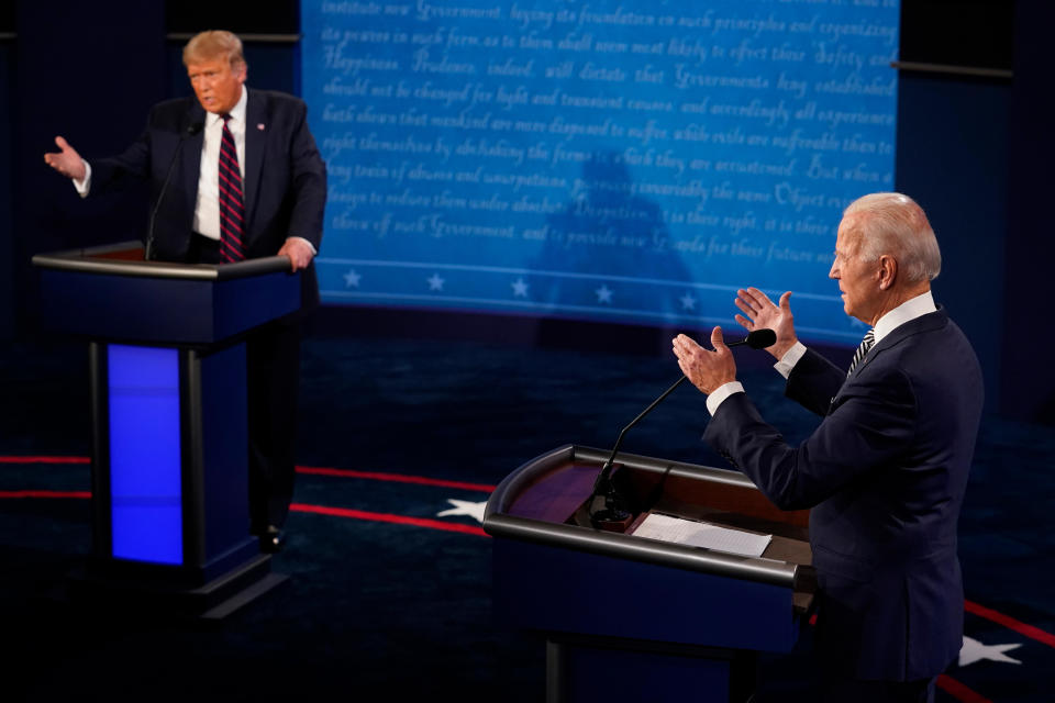 CLEVELAND, OHIO - SEPTEMBER 29:  U.S. President Donald Trump and former Vice President and Democratic presidential nominee Joe Biden speak during the first presidential debate at the Health Education Campus of Case Western Reserve University on September 29, 2020 in Cleveland, Ohio.  / Credit: / Getty Images
