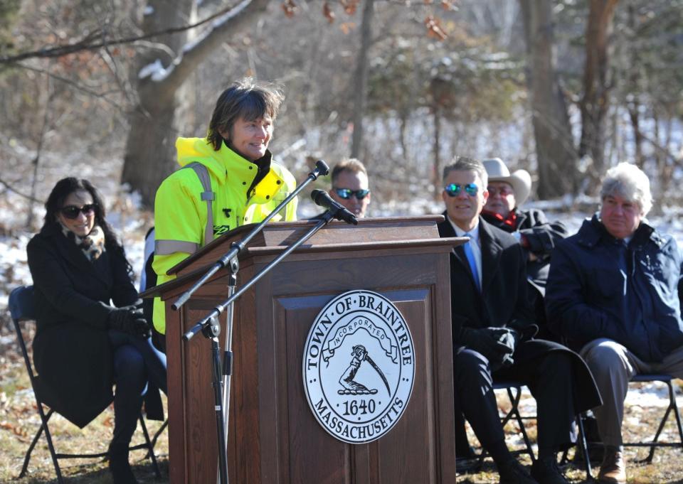 Environmental Partners Principal Helen Gordon addresses the groundbreaking ceremony of the Tri-Town Water Treatment Plant in Braintree, Tuesday, Dec. 13, 2022. Tom Gorman/For The Patriot Ledger