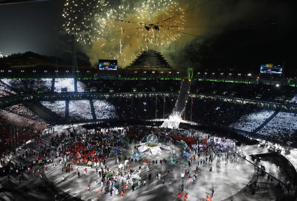 Fireworks explode during the closing ceremony of the 2018 Winter Olympics in Pyeongchang, South Korea, Sunday, Feb. 25, 2018. (AP Photo/Charlie Riedel)