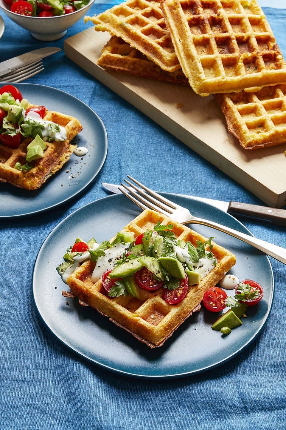breakfast in bed savory corn waffles with tomato herb salad