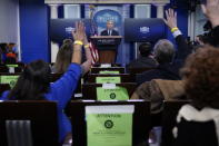 Dr. Anthony Fauci, director of the National Institute of Allergy and Infectious Diseases, takes questions as he speaks with reporters in the James Brady Press Briefing Room at the White House, Thursday, Jan. 21, 2021, in Washington. (AP Photo/Alex Brandon)