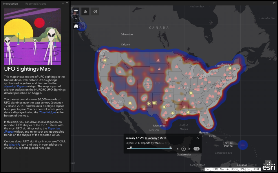 A "glowing" map of the United States featuring symbols representing UFO sightings.
