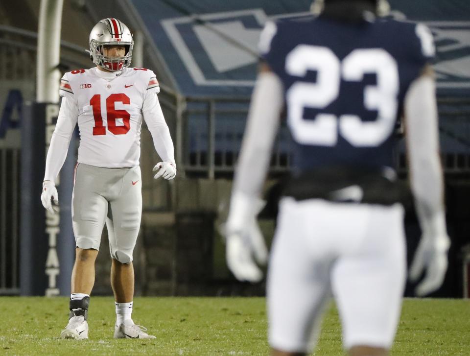 Ohio State Buckeyes tight end Cade Stover (16) lines up for a kickoff during the NCAA football game against the Penn State Nittany Lions at Beaver Stadium in University Park, Pa. on Monday, Nov. 2, 2020.