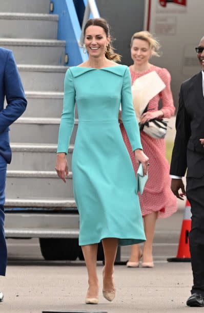 PHOTO: Catherine, Duchess of Cambridge during the official arrival with Prince William, Duke of Cambridge at Lynden Pindling International Airport, March 24, 2022, in Nassau, Bahamas.  (Karwai Tang/WireImage via Getty Images)