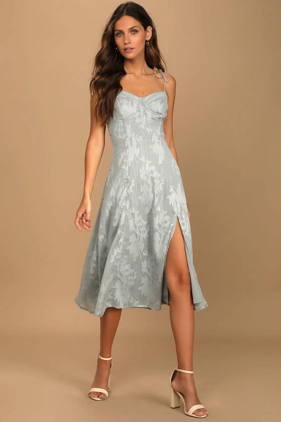 Loveliest Looks Dusty Blue Floral Jacquard Tie-Strap Midi Dress. (Image via Lulus)