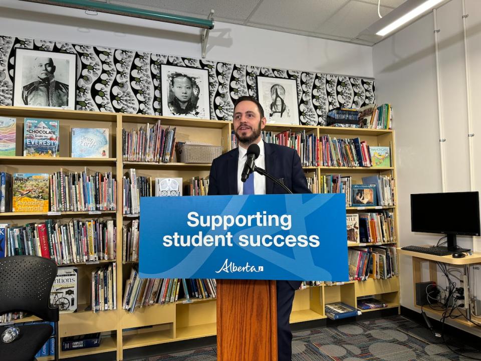 Education Minister Demetrios Nicolaides introduces the latest draft of Alberta's proposed new elementary social studies curriculum at Belgravia School in Edmonton on March 14, 2024.