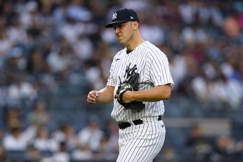 New York Yankees starting pitcher Jameson Taillon walks to the dugout during the first inning of the team's baseball game against the Houston Astros on Thursday, June 23, 2022, in New York. (AP Photo/Frank Franklin II)
