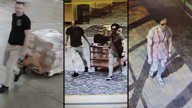 Three images show two suspects at stealing a pallet of merchandise at the Indiana Convention Center.