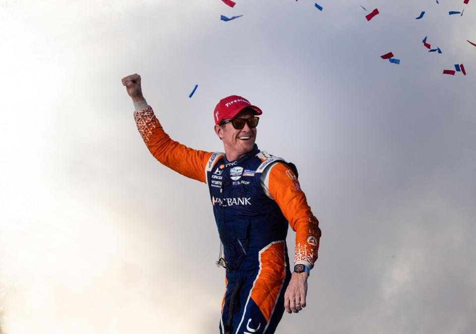 Chip Ganassi Racing driver Scott Dixon (9) of New Zealand celebrates winning the Music City Grand Prix in Nashville, Tenn., Sunday, Aug. 7, 2022. 