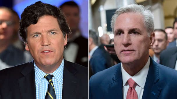 PHOTO: A split screen shows Tucker Carlson, on left, speaks during a live show, Nov. 17, 2022 in Hollywood, Fla, and House Speaker Kevin McCarthy of Calif., talks to reporters on Feb. 6, 2023, on Capitol Hill in Washington. (Left: Jason Koerner/Getty Images, FILE; Right: Jacquelyn Martin/AP, FILE)