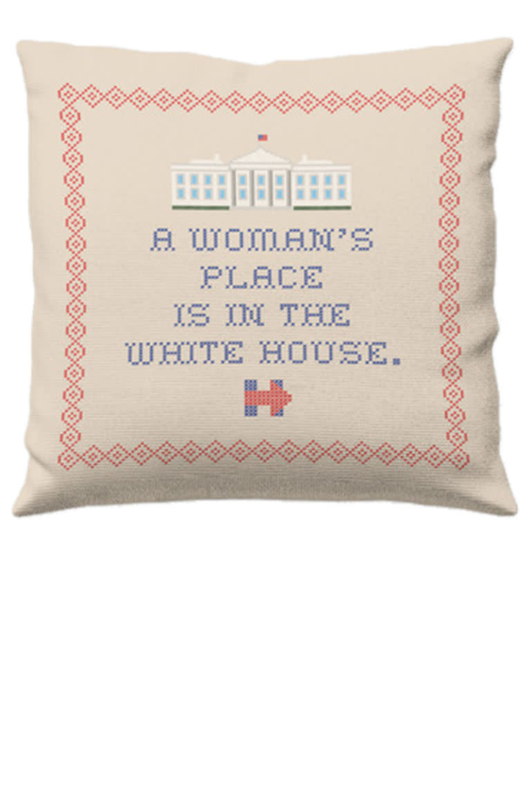 <p>Throw pillow, $55, <a rel="nofollow noopener" href="https://shop.hillaryclinton.com/products/stitch-by-stitch-throw-pillow" target="_blank" data-ylk="slk:hillaryclinton.com;elm:context_link;itc:0;sec:content-canvas" class="link ">hillaryclinton.com</a>.</p>