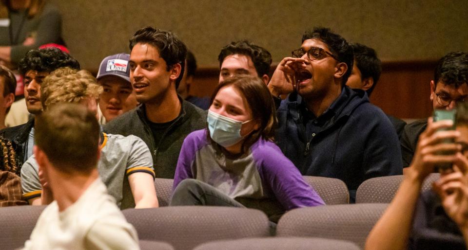 An attendee yells a profanity at Ann Coulter April 1 as she speaks at the Indiana Memorial Union on the Indiana University campus.