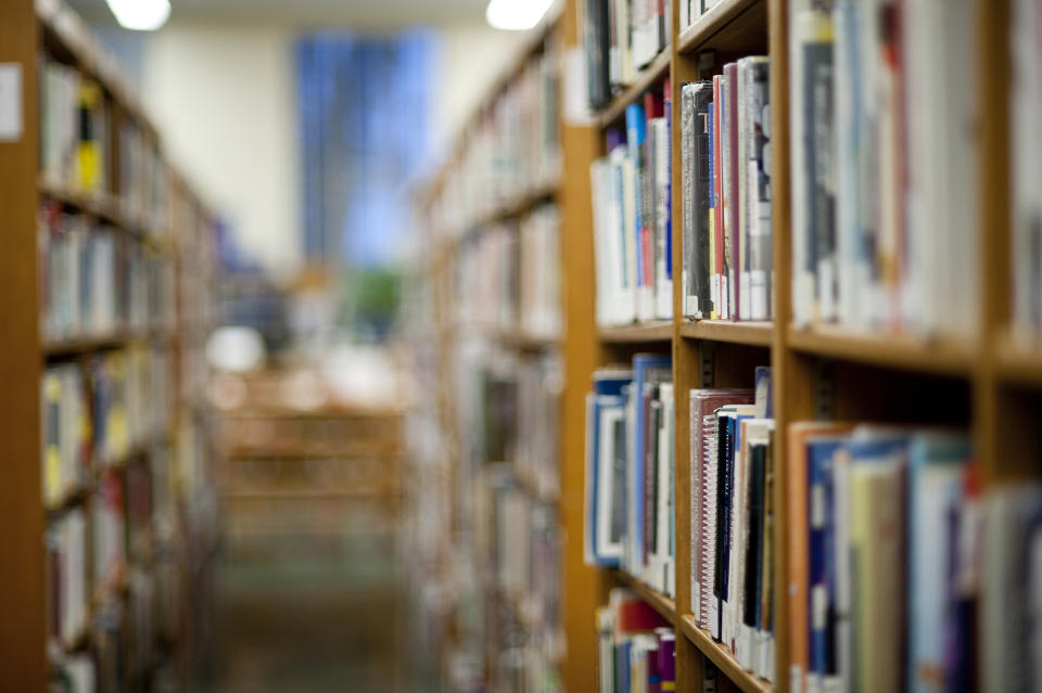 Der Junge versteckte sein Buch einfach zwischen den regulären Bibliotheksbüchern.