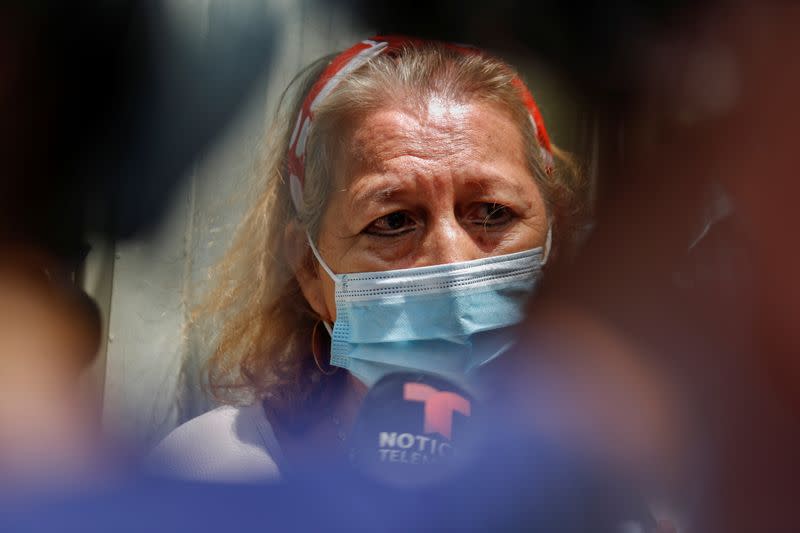 Rosibel Emerita Arriaza, mother of Victoria Salazar Arriaza, speaks with the media in San Salvador