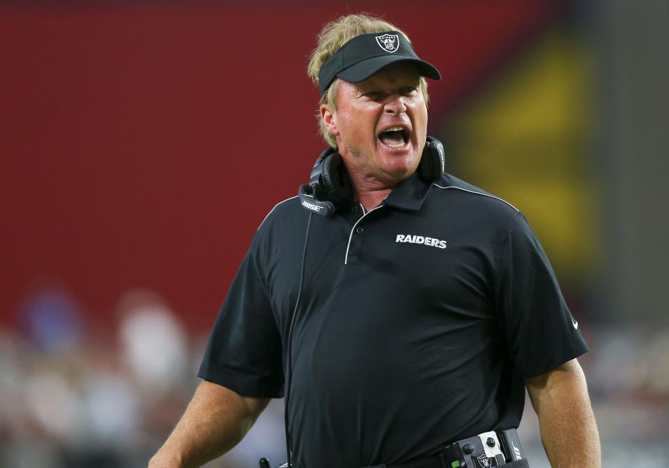 GLENDALE, AZ - AUGUST 15: Oakland Raiders head coach Jon Gruden during a NFL preseason game between the Oakland Raiders and the Arizona Cardinals on August 15, 2019 at State Farm Stadium, in Glendale, Az. (Photo by Kevin French/Icon Sportswire via Getty Images)